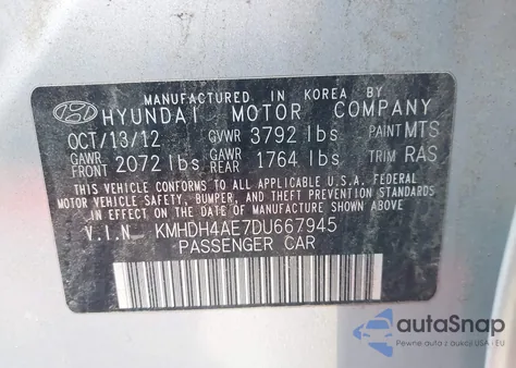 2013 Hyundai Elantra Gls z USA, uszkodzony, nr VIN KMHDH4AE7DU667945